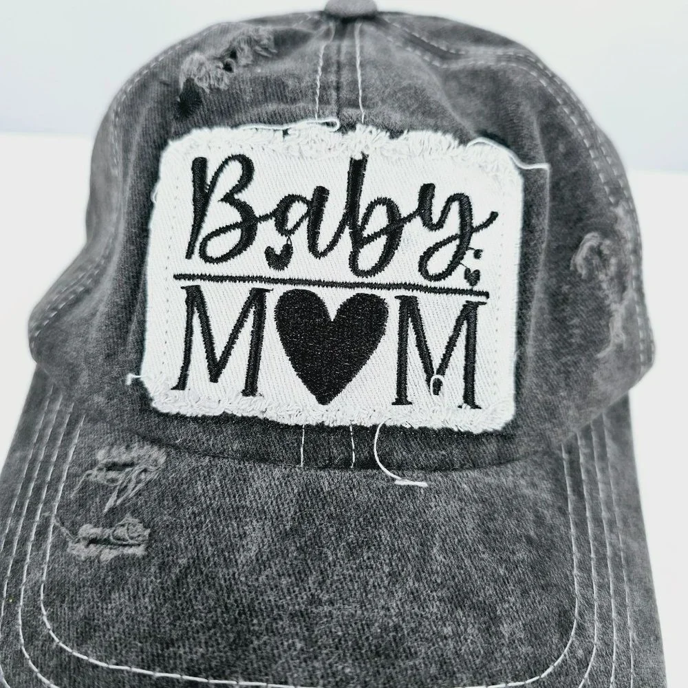 Baby Mom Baseball Hat Cap Grey White Embroidered Patch Distressed Adjustable New